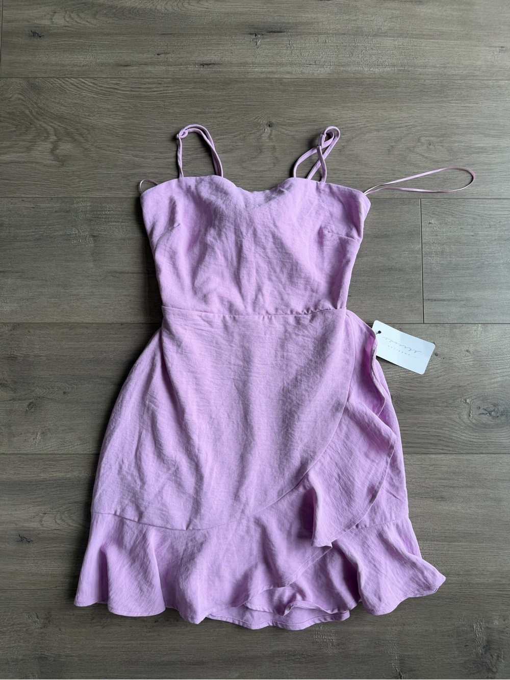 NWOT American Threads Audra Tie Back Ruffle Wrap Mini Dress - Lilac - size small